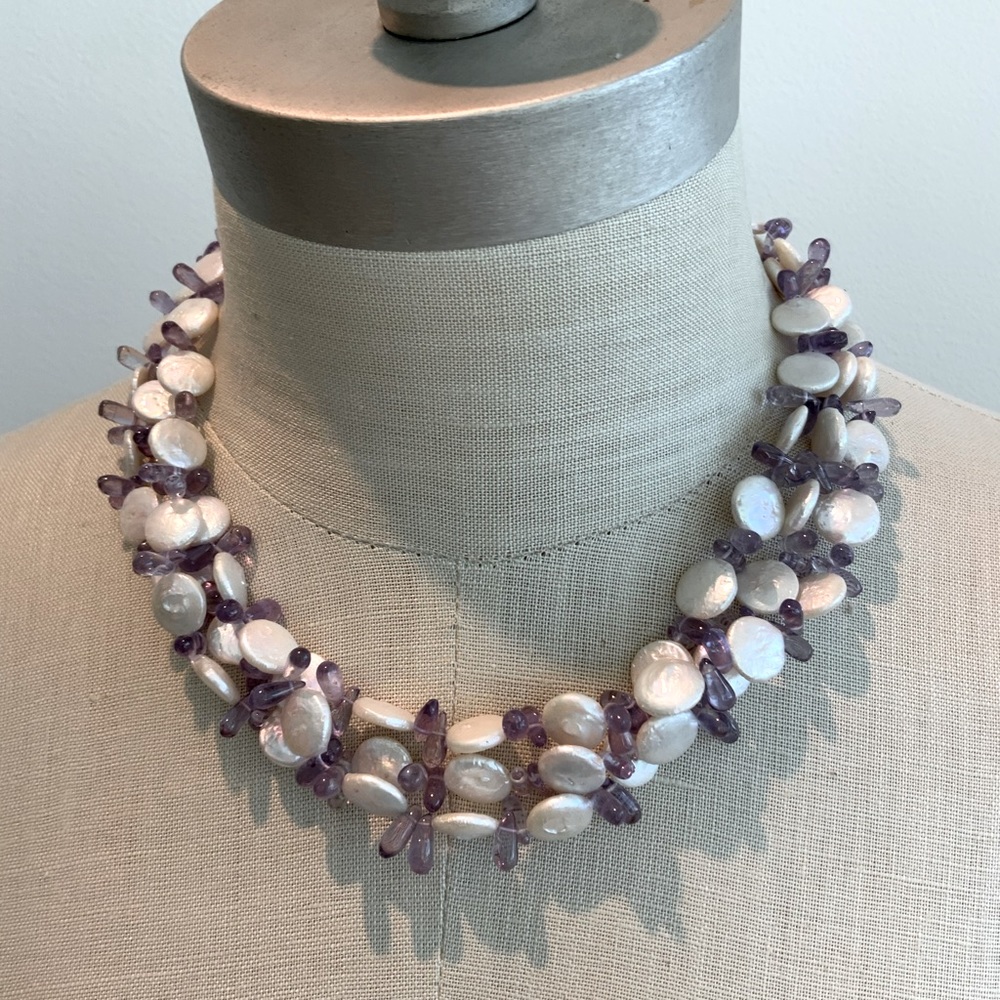 Cool Coin Pearl & Amethyst Drop 3 Strand Necklace